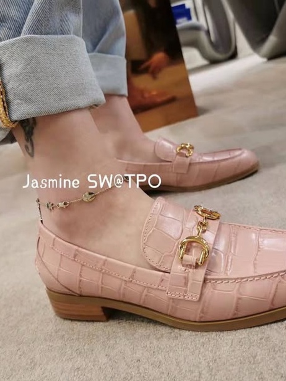 Brand new - stuart Weitzman- Pink Croc-EmbossedLeather Loafers with Gold Bit